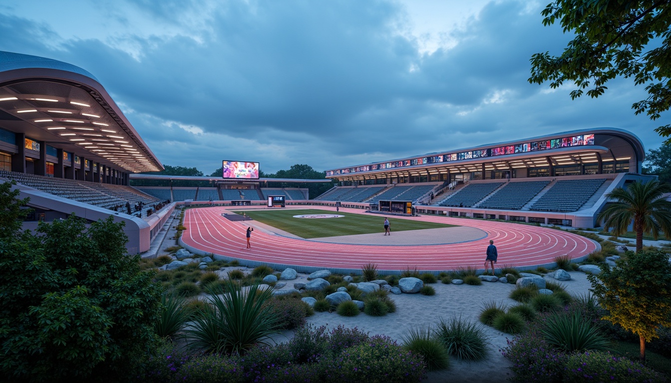 Prompt: Futuristic sports complex, undulating terrain, neon-lit athletic tracks, sleek metallic bleachers, holographic scoreboards, iridescent stadium roofs, glowing accents, vibrant LED lighting, misty atmospheric effects, shallow depth of field, 3/4 composition, panoramic view, realistic textures, ambient occlusion, lush greenery, tropical plants, palm trees, sandy pathways, winding water features, futuristic sculptures, abstract geometric patterns, dynamic kinetic architecture, wind-swept curves, aerodynamic lines.