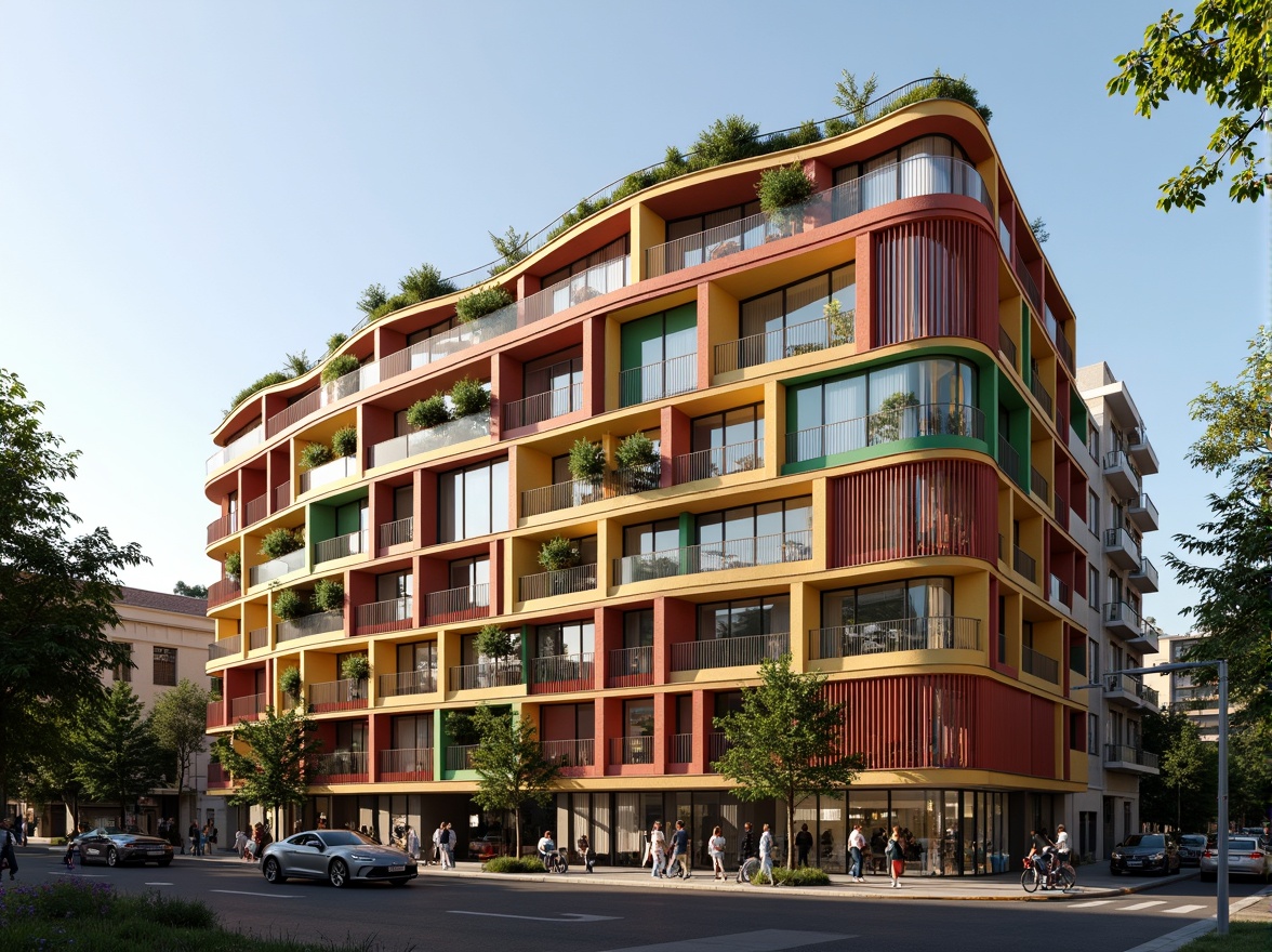 Prompt: Vibrant social housing complex, modern facade design, bold color schemes, geometric patterns, angular balconies, cantilevered roofs, sustainable materials, green walls, vertical gardens, urban landscape, bustling city streets, morning sunlight, soft warm lighting, shallow depth of field, 3/4 composition, panoramic view, realistic textures, ambient occlusion.