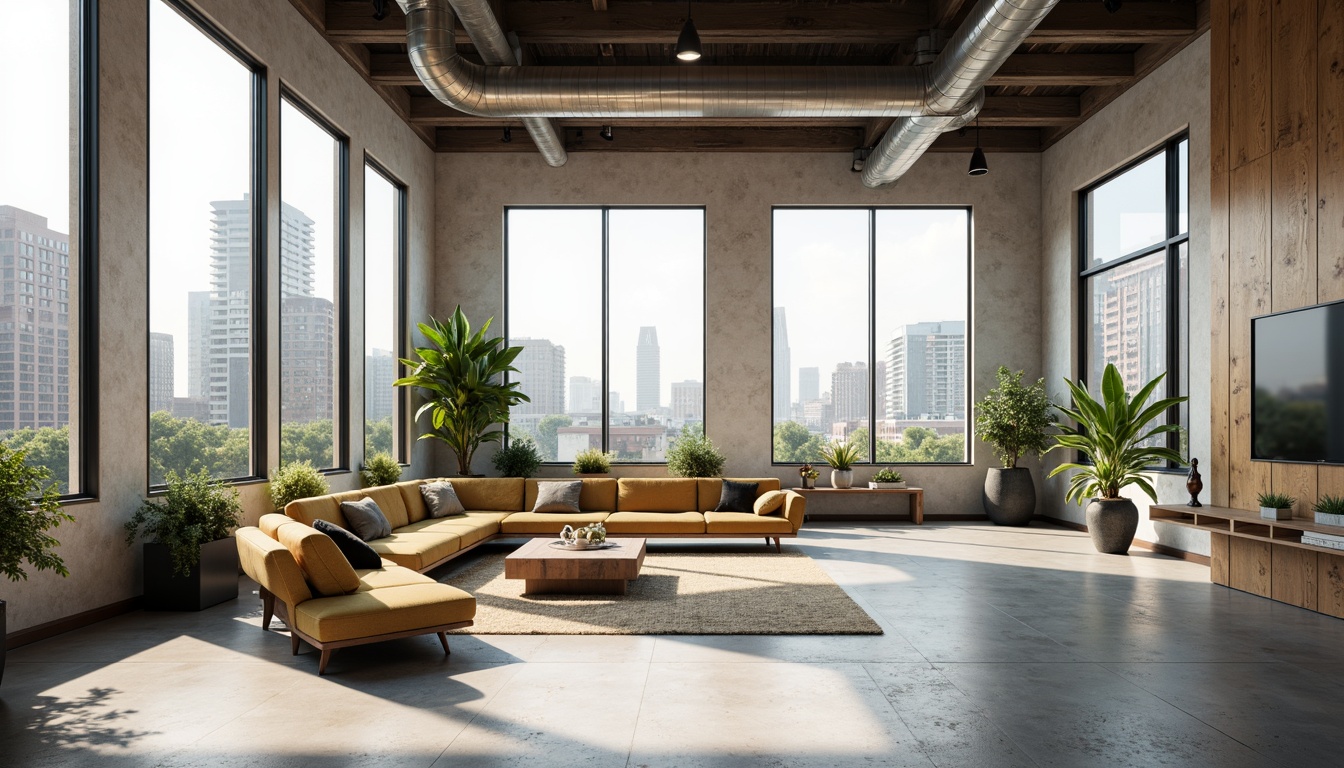 Prompt: Minimalist interior design, open floor plans, high ceilings, large windows, natural light, airy atmosphere, sleek modern furniture, polished concrete floors, industrial chic decor, urban loft style, exposed ductwork, reclaimed wood accents, green walls, living plants, spacious balconies, cityscape views, warm sunny days, soft diffused lighting, shallow depth of field, 3/4 composition, panoramic view, realistic textures, ambient occlusion.