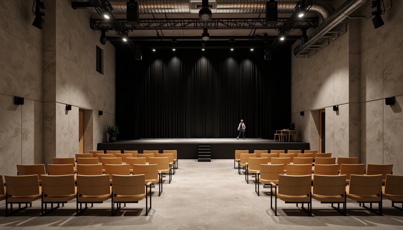 Prompt: Minimalist theater interior, concrete floors, industrial metal beams, exposed ductwork, simple wooden seats, sleek black stage, subtle LED lighting, dramatic spotlights, acoustic panels, sound-absorbing materials, neutral color palette, monochromatic tones, clean lines, minimal ornamentation, functional simplicity, urban loft atmosphere, high ceilings, open space, flexible seating arrangements, movable partitions, versatile performance areas, warm ambient glow, soft shadows, 1/1 composition, realistic textures, subtle reflections.