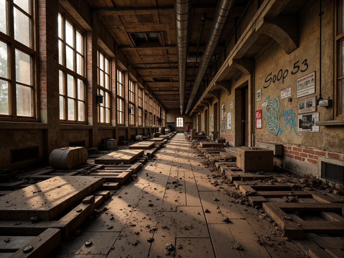 Prompt: Rustic wooden planks, distressed metal sheets, vintage machinery parts, worn concrete walls, faded graffiti, industrial pipes, exposed brick textures, metallic rivets, ornate Victorian details, intricate Gothic patterns, mysterious abandoned atmosphere, warm golden lighting, shallow depth of field, 1/1 composition, realistic wear and tear, ambient occlusion.