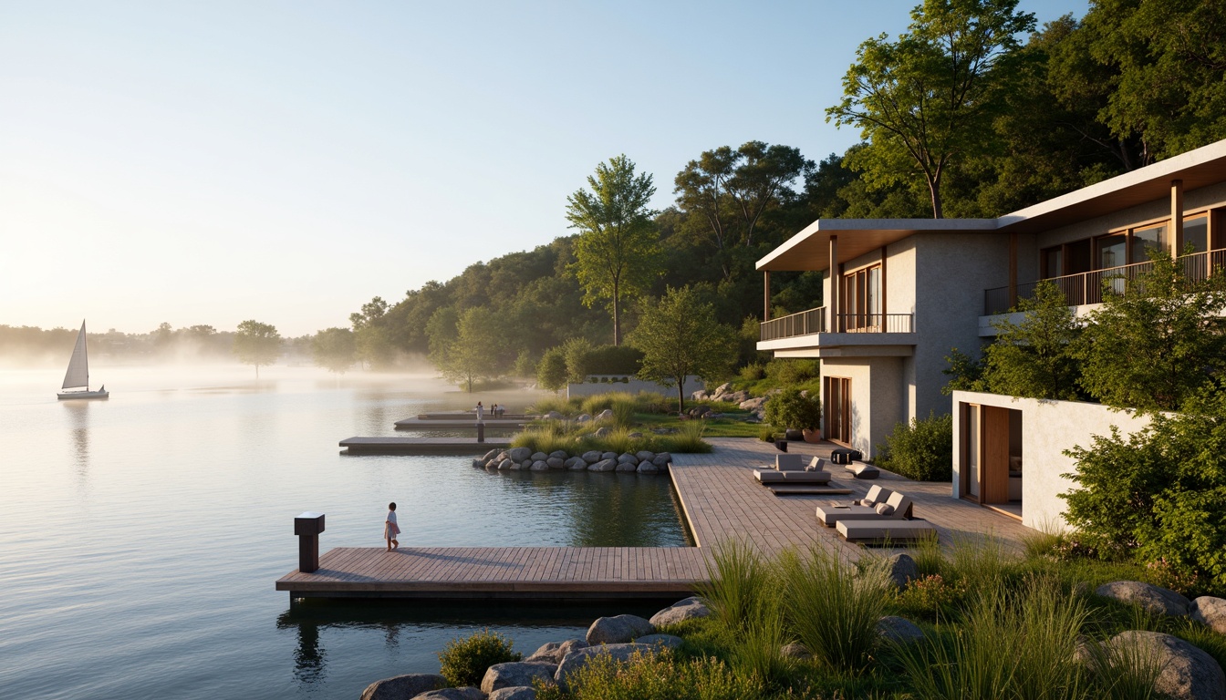 Prompt: Lakefront villa, serene water views, lush greenery, wooden docks, sailboats, calm lake surface, misty morning, warm sunlight, soft natural lighting, shallow depth of field, 1/2 composition, panoramic view, realistic reflections, ambient occlusion, modern minimalist design, large windows, sliding glass doors, natural stone walls, wooden accents, cozy interior spaces, comfortable outdoor seating areas.