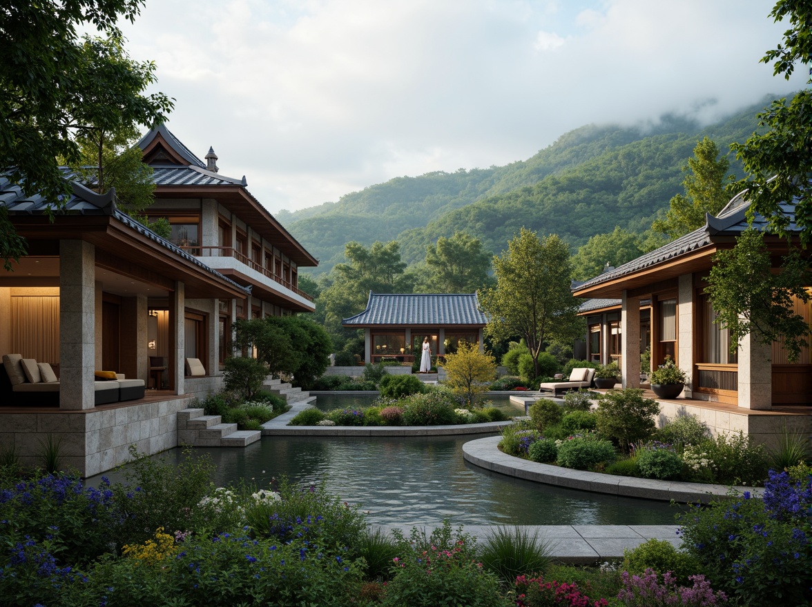 Prompt: Serenity-filled Buddhist temple, lush greenery, tranquil water features, natural stone walls, curved roofs, vibrant flowers, peaceful courtyard, intricate carvings, golden accents, soft warm lighting, shallow depth of field, 3/4 composition, panoramic view, realistic textures, ambient occlusion, misty morning atmosphere, gentle fog effects, subtle color palette, harmonious integration with surrounding landscape, rolling hills, meandering paths, rustic wooden bridges, serene forest surroundings.