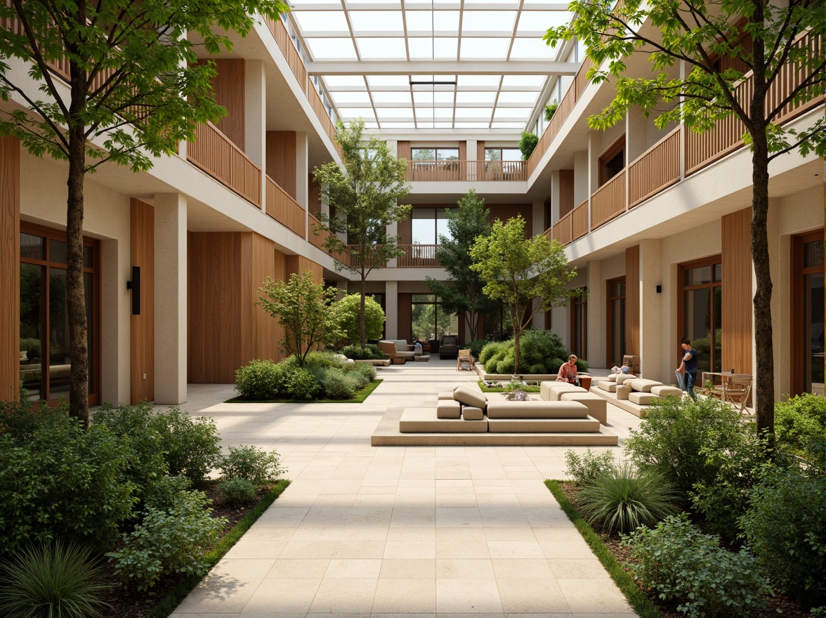 Prompt: Vibrant atrium, lush greenery, natural stone walls, wooden accents, floor-to-ceiling windows, clerestory windows, skylights, open spaces, minimalist decor, warm beige tones, soft diffused lighting, indirect sunlight, ambient shadows, 1/1 composition, shallow depth of field, realistic textures, subtle color palette, serene atmosphere, peaceful ambiance.