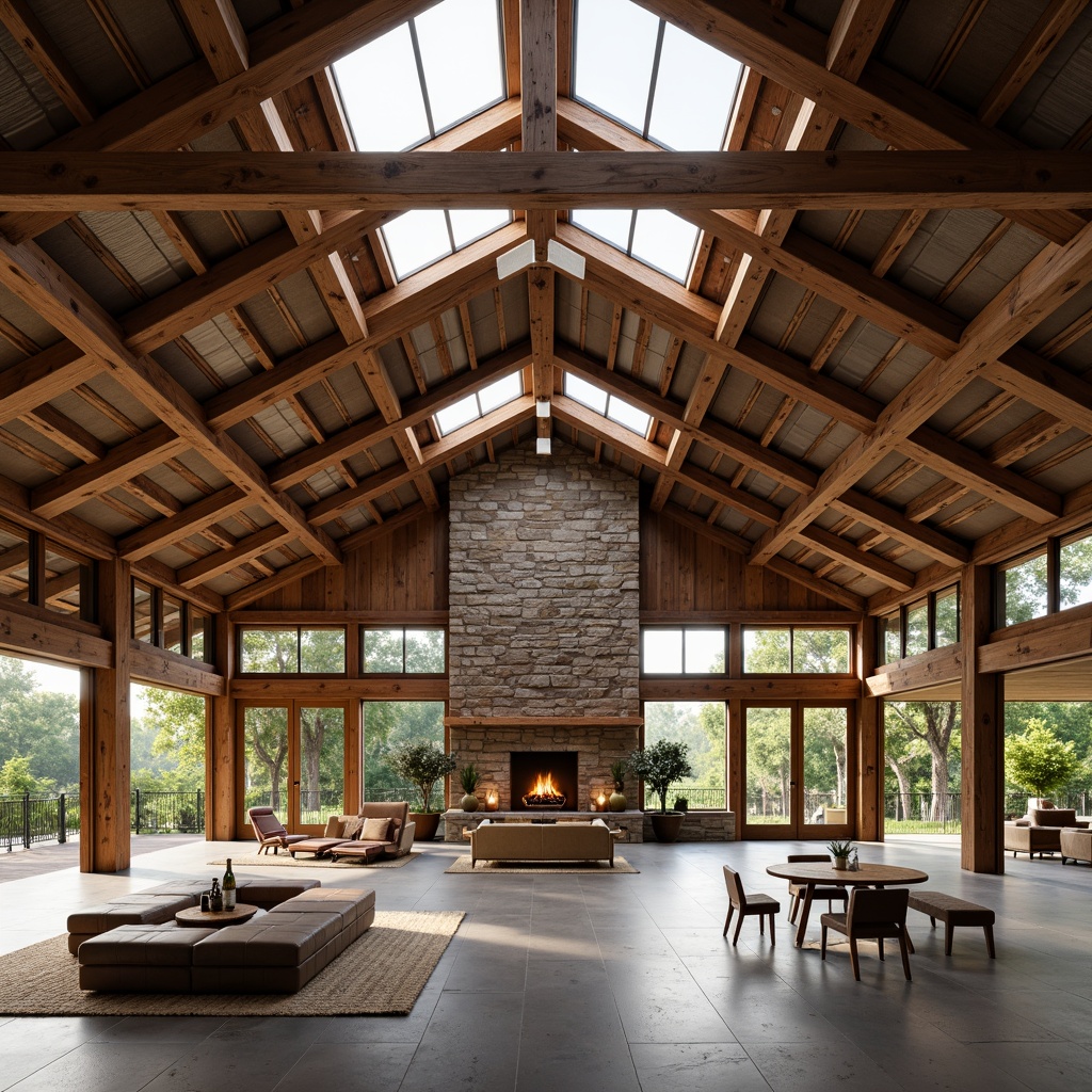 Prompt: Rustic barn, modernist architecture, asymmetrical rooflines, exposed wooden beams, corrugated metal roofing, industrial chic, reclaimed wood accents, natural stone walls, large skylights, clerestory windows, minimalist interior design, earthy color palette, warm ambient lighting, shallow depth of field, 1/1 composition, realistic textures, ambient occlusion.