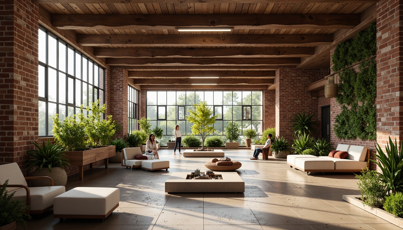 Prompt: Exposed brick walls, reclaimed wood accents, industrial metal beams, organic curved lines, earthy color palette, natural stone flooring, lush greenery, living walls, modern minimalist decor, cozy reading nooks, floor-to-ceiling windows, soft warm lighting, shallow depth of field, 3/4 composition, panoramic view, realistic textures, ambient occlusion.