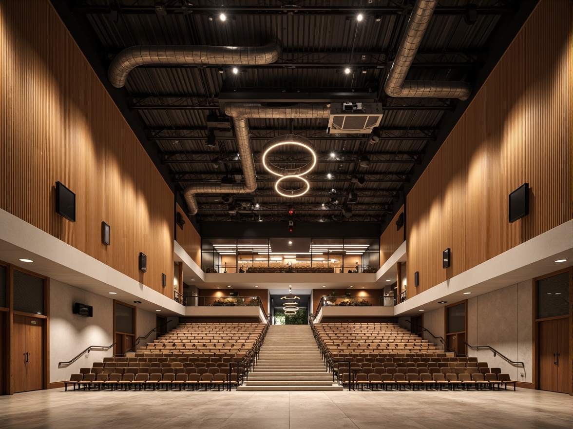 Prompt: Bauhaus-style auditorium, rectangular shape, minimalist design, industrial materials, exposed ductwork, concrete floors, steel beams, wooden accents, geometric patterns, functional lighting, adjustable acoustic panels, sound-absorbing materials, tiered seating, curved balconies, grand staircase, dramatic chandeliers, warm color scheme, natural textiles, urban atmosphere, soft box lighting, 1/2 composition, realistic reflections, ambient occlusion.