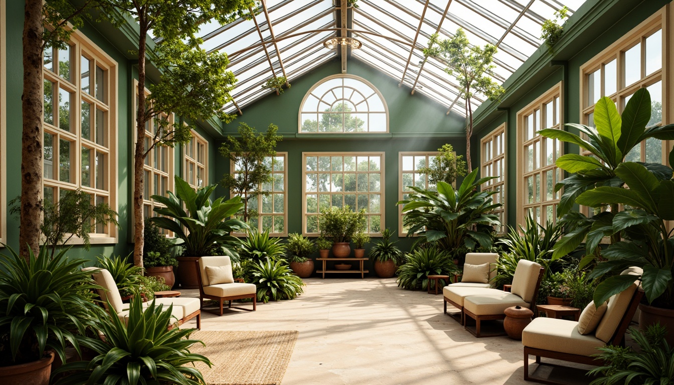 Prompt: Vibrant botanical greenhouse, lush tropical plants, warm natural light, misty atmosphere, earthy terracotta pots, reclaimed wood accents, soft sage green walls, creamy white trim, rustic metal frames, delicate glass roofs, dappled shade, warm beige stone floors, cozy reading nooks, plush green velvet sofas, natural linen textiles, woven rattan furniture, airy open spaces, refreshing morning light, gentle misting system, 1/1 composition, soft focus, realistic plant textures.