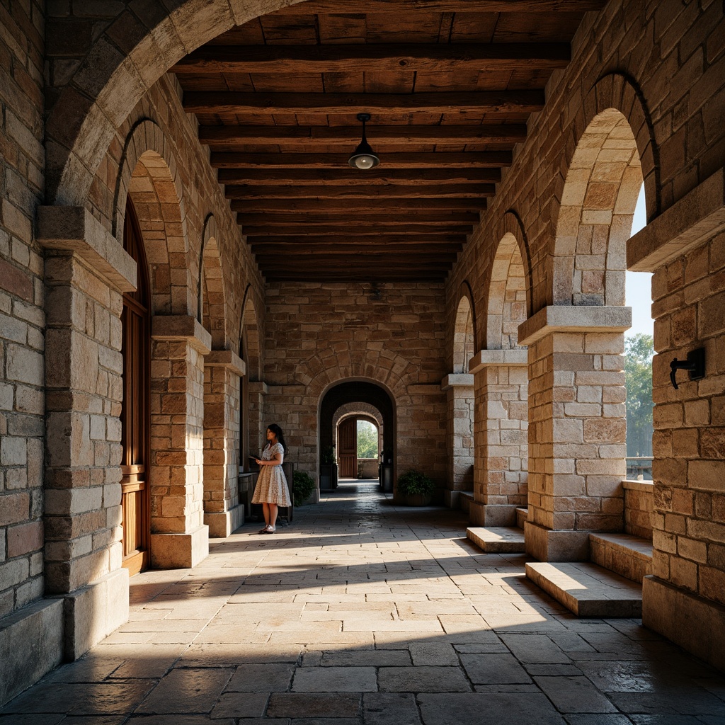 Prompt: Ancient stone walls, rustic brick facades, ornate archways, weathered stonework, distressed textures, earthy color palette, natural stone flooring, wooden accents, vintage metalwork, intricate carvings, grand entranceways, imposing structures, dramatic lighting, warm ambient glow, shallow depth of field, 1/1 composition, realistic renderings, ambient occlusion.