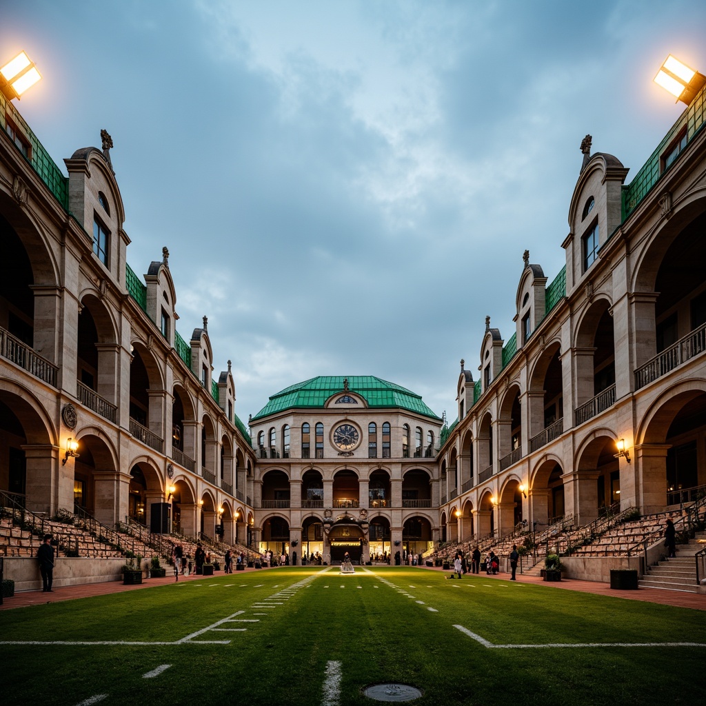 Prompt: Majestic football stadium, Romanesque style facades, ornate stone carvings, grand archways, rusticated columns, vibrant green roofs, intricate brick patterns, imposing clock towers, dramatic floodlighting, atmospheric mist effects, shallow depth of field, 1/2 composition, symmetrical architecture, warm golden lighting, realistic textures, ambient occlusion.