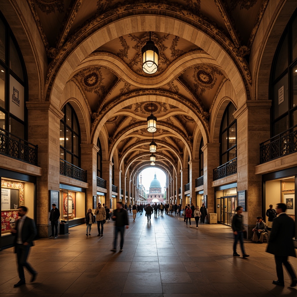 Prompt: Grand archways, ornate columns, vaulted ceilings, intricate stone carvings, warm golden lighting, bustling metro station, Romanesque style architecture, rustic brick walls, grand staircases, elegant balconies, ornamental ironwork, vintage advertisements, classic clock towers, busy pedestrian traffic, shallow depth of field, 1/2 composition, realistic textures, ambient occlusion.