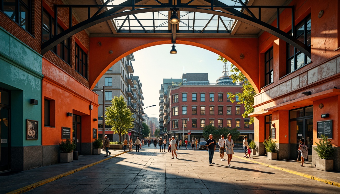 Prompt: Vibrant train station, expressionist architecture, bold geometric shapes, bright primary colors, contrasting secondary hues, industrial metal beams, exposed brick walls, distressed concrete textures, urban cityscape, bustling streets, morning rush hour, warm golden lighting, shallow depth of field, 1/2 composition, dramatic shadows, cinematic atmosphere, gritty realistic details.