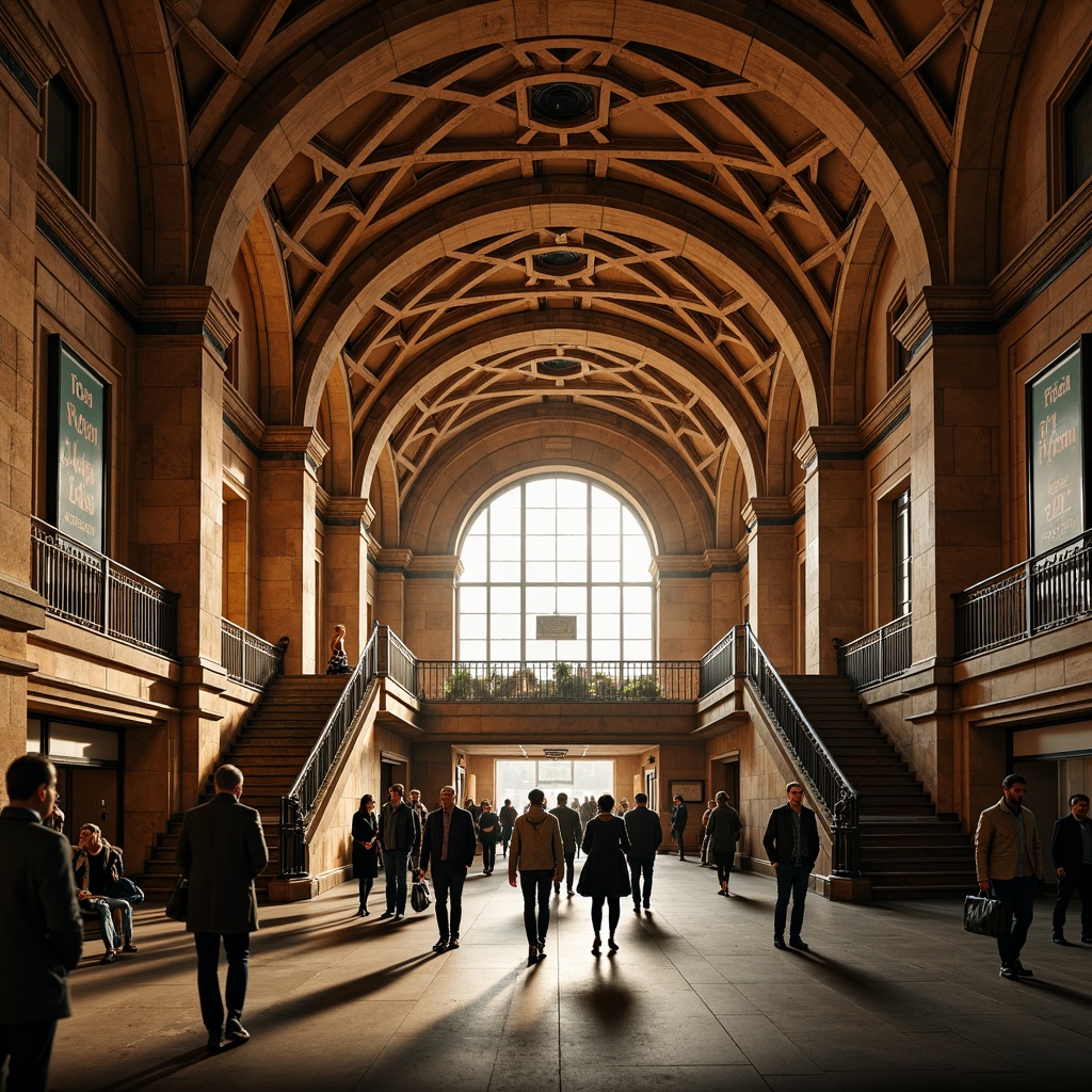 Prompt: Grand archways, ornate columns, vaulted ceilings, intricate stone carvings, warm golden lighting, bustling metro station, Romanesque Revival architecture, rustic brick walls, grand staircases, elegant balustrades, ornamental metalwork, vintage signage, busy commuters, morning rush hour, soft focus, shallow depth of field, 1/2 composition, symmetrical framing, realistic textures, ambient occlusion.