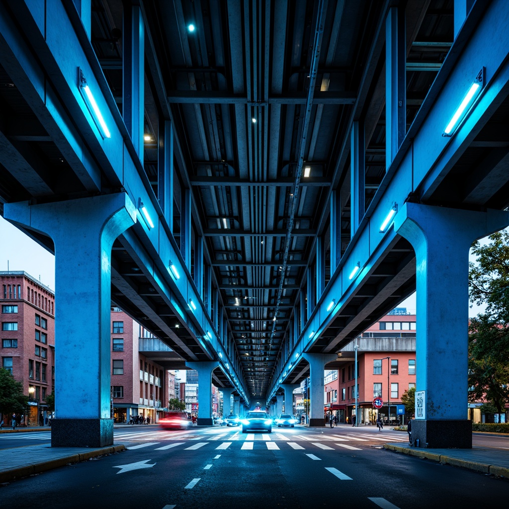 Prompt: Urban bridge, industrial steel structure, modern architecture, bold color scheme, bright blue accents, silver metallic tones, concrete pillars, urban cityscape, busy traffic flow, dramatic nighttime lighting, high-contrast shadows, cinematic atmosphere, 1/2 composition, low-angle shot, realistic textures, ambient occlusion.