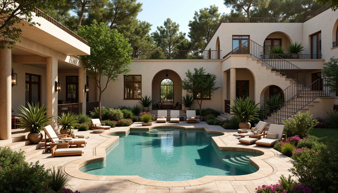 Prompt: Ancient Roman-inspired pool, natural stone coping, ornate fountains, lush greenery, vibrant flowers, Mediterranean plants, rustic wooden decking, warm beige stonework, curved archways, grand staircases, elegant lanterns, soft warm lighting, shallow depth of field, 3/4 composition, panoramic view, realistic textures, ambient occlusion.