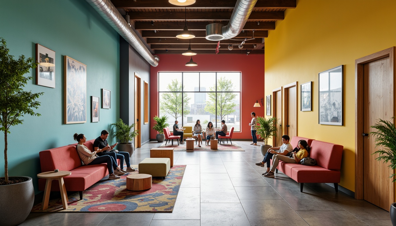 Prompt: Vibrant student halls, bold color schemes, energetic atmosphere, youthful furniture, modern amenities, communal spaces, collaborative learning areas, cozy private rooms, calming pastel shades, stimulating bright accents, natural wood tones, industrial chic decor, eclectic art pieces, lively patterned rugs, warm task lighting, soft ambient glow, 3/4 composition, shallow depth of field, realistic textures.