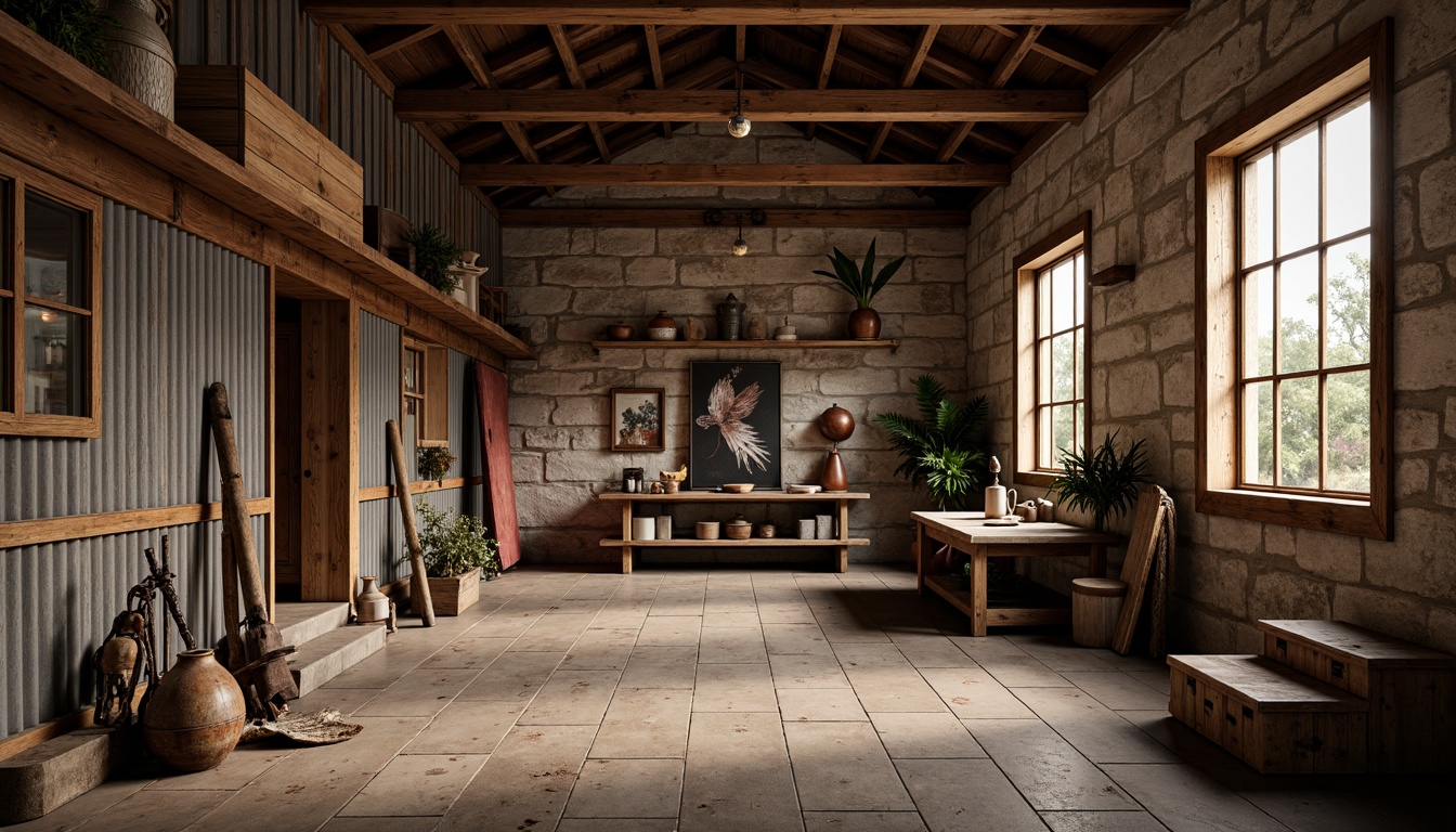 Prompt: Rustic barn, reclaimed wood, metal accents, corrugated steel, wooden beams, exposed brick, natural stone walls, earthy tones, weathered finishes, industrial chic decor, vintage farm tools, distressed textures, warm ambient lighting, soft shadows, 1/1 composition, shallow depth of field, realistic renderings.