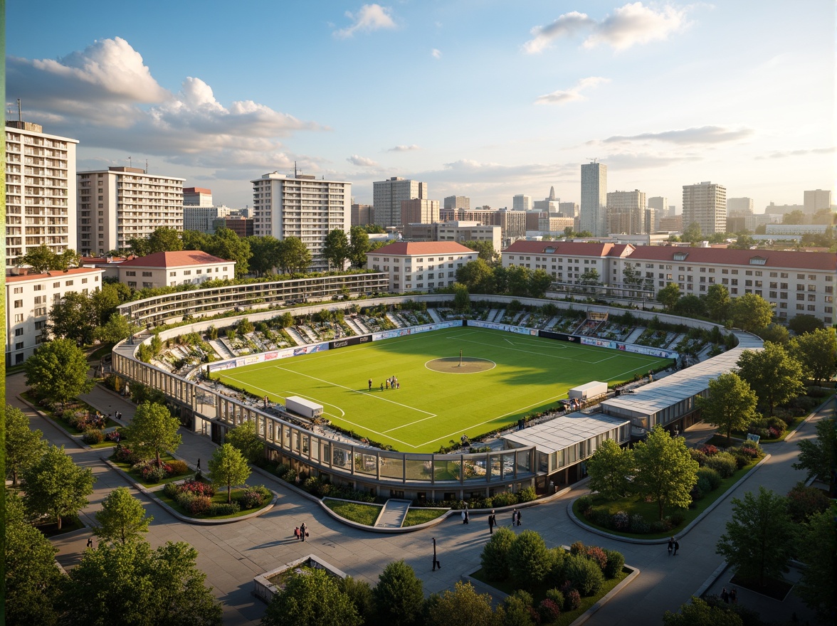 Prompt: Eco-friendly football stadium, social housing complex, green roofs, solar panels, wind turbines, rainwater harvesting systems, recycled materials, natural ventilation, large windows, minimal carbon footprint, community gardens, public art installations, vibrant street art, urban landscape, bustling city life, warm sunny day, soft diffused lighting, shallow depth of field, 3/4 composition, panoramic view, realistic textures, ambient occlusion.