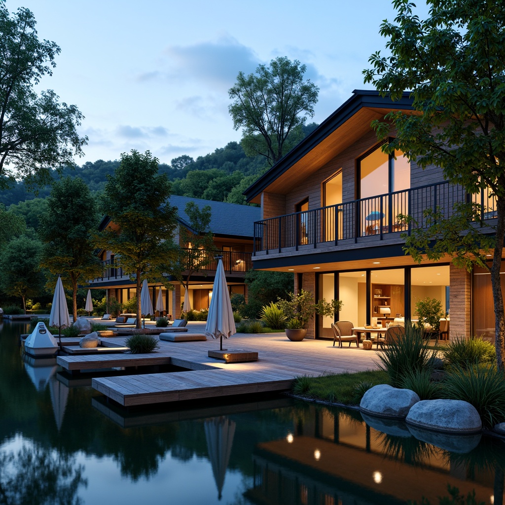 Prompt: Scenic lakefront, serene water reflections, lush greenery, wooden docks, sailboats, modern lakehouse architecture, large windows, sliding glass doors, natural stone walls, rustic wood accents, cozy outdoor seating areas, warm string lighting, shallow depth of field, 3/4 composition, panoramic view, realistic textures, ambient occlusion.