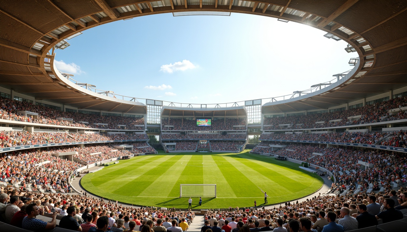 Prompt: Curved organic stadium design, lush green grass, natural stone seating areas, wooden benches, vibrant team colors, dynamic crowd atmosphere, sunny day, soft warm lighting, shallow depth of field, 3/4 composition, panoramic view, realistic textures, ambient occlusion, tiered seating arrangement, comfortable spectator experience, accessible concession stands, modern amenities, eco-friendly materials, innovative ventilation systems, shaded outdoor spaces.