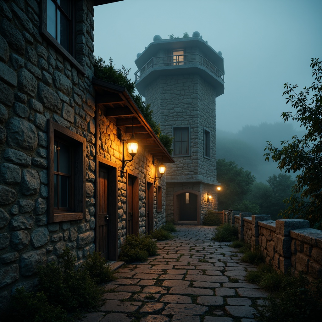 Prompt: Mysterious watchtower, ancient stone walls, worn wooden doors, mystical lanterns, foggy misty atmosphere, eerie twilight, warm golden lighting, soft mysterious shadows, intricate stonework patterns, rugged natural textures, weathered wooden accents, moss-covered roofs, overgrown vegetation, abandoned forgotten feel, cinematic dramatic mood, low-key mysterious color tone, 1/2 composition, atmospheric perspective, subtle depth of field.