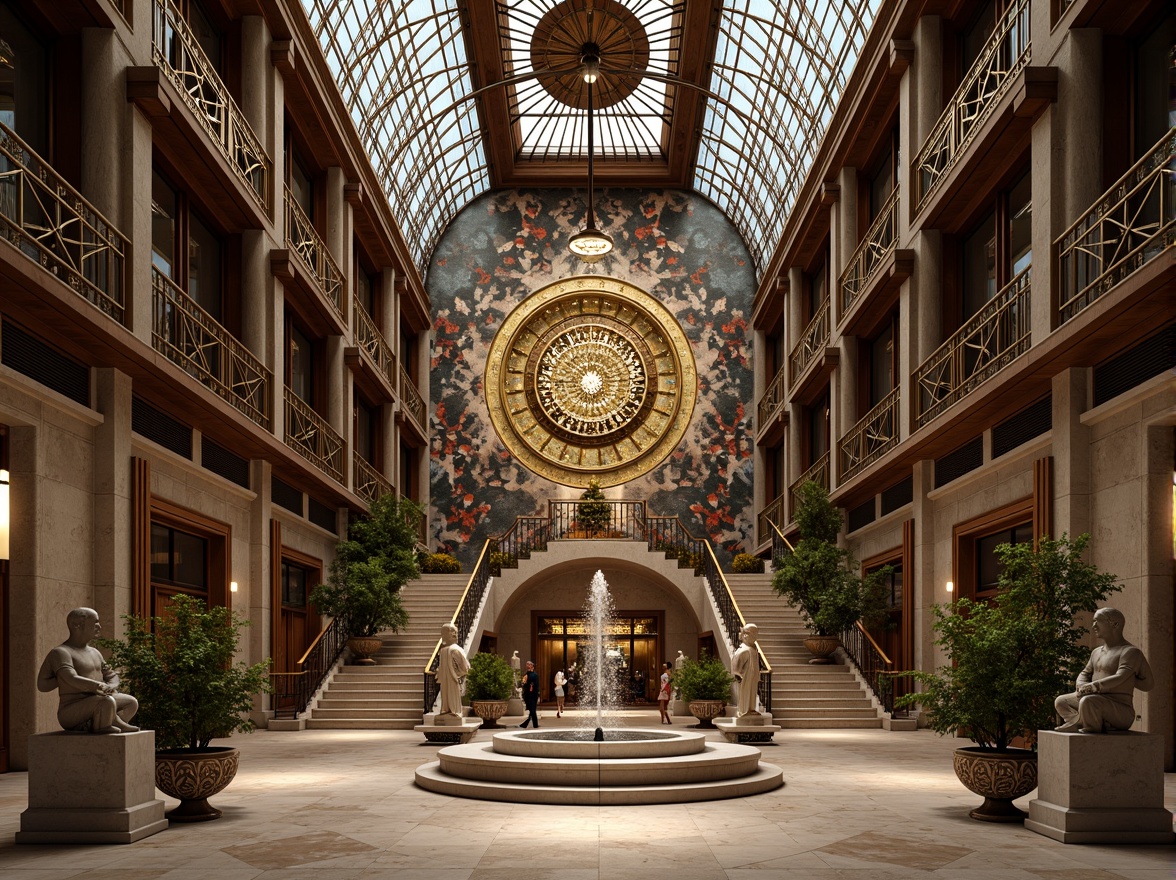 Prompt: Intricate geometric patterns, ornate metalwork, luxurious marble surfaces, grandiose statues, symmetrical compositions, opulent chandeliers, lavish mosaics, bold typography, stylized florals, zigzag motifs, chevron designs, metallic accents, glossy finishes, sunburst patterns, stepped silhouettes, monumental scale, dramatic lighting, low-angle view, cinematic composition, high-contrast colors, ornate fountains, grand staircases.