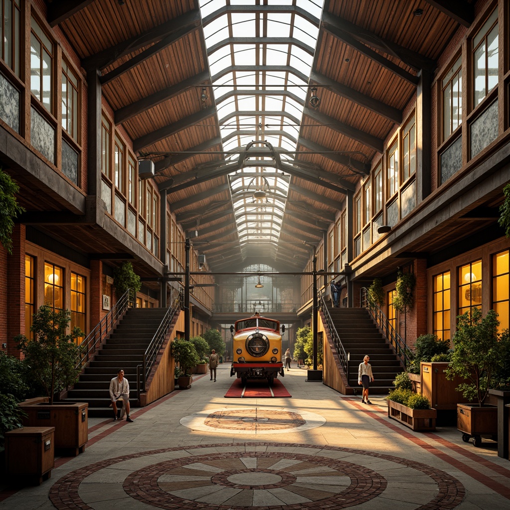 Prompt: Vibrant train station, expressionist architecture, bold geometric shapes, contrasting colors, warm golden lighting, industrial metal beams, distressed brick walls, ornate ironwork, grand staircases, intricate mosaics, eclectic art deco patterns, rich wood accents, vintage luggage carts, nostalgic steam engine details, atmospheric foggy day, dramatic shadows, cinematic low-angle shot, 1/2 composition, moody warm color grading, realistic textures, ambient occlusion.