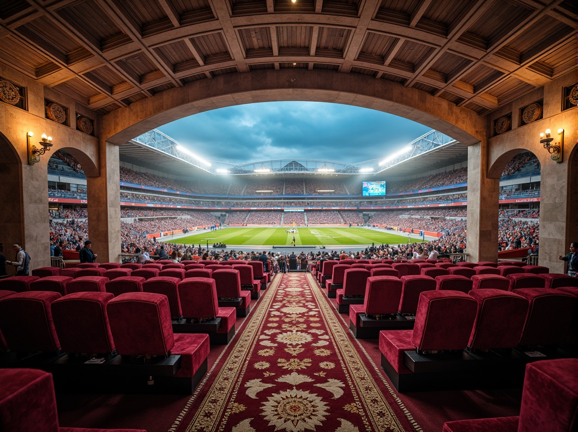 Prompt: Luxurious football stadium, Romanesque architecture, ornate stone carvings, grandiose archways, vibrant team colors, plush velvet seats, intricate patterned rugs, richly textured upholstery, metallic accents, dramatic spotlights, warm ambient lighting, 1/1 composition, shallow depth of field, realistic fabric simulations, detailed stitching, soft focus blur, atmospheric misting effects.