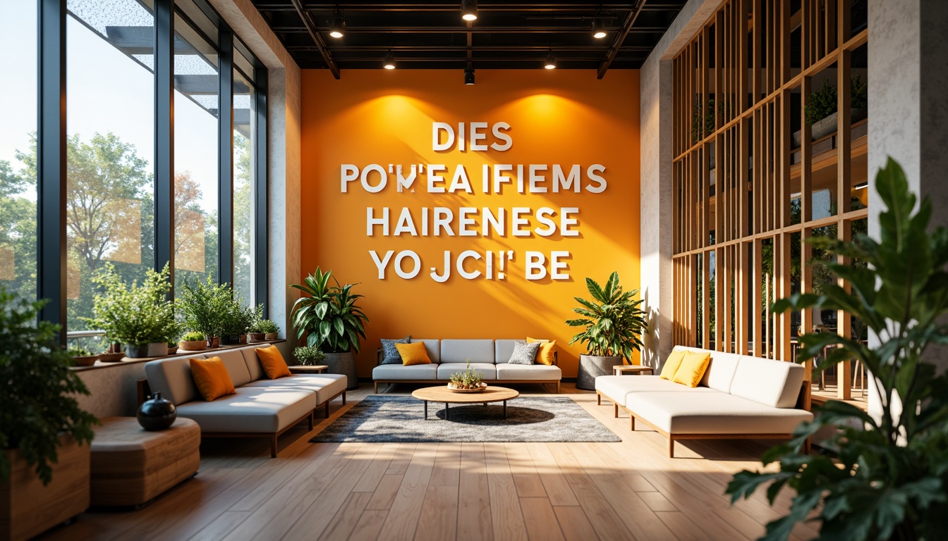 Prompt: Vibrant motivational space, bold typography, energetic orange hues, uplifting yellow accents, calming blue undertones, inspiring quotes, modern minimalist decor, sleek metallic frames, natural wood textures, abundant greenery, refreshing morning light, soft focus, shallow depth of field, 1/1 composition, realistic renderings, ambient occlusion.