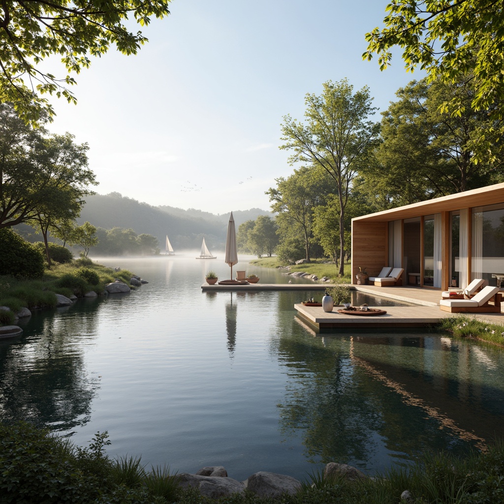 Prompt: Lakefront villa, serene water views, lush greenery, wooden docks, sailboats, calm lake surface, misty morning, warm sunlight, soft natural lighting, shallow depth of field, 1/2 composition, panoramic view, realistic reflections, ambient occlusion, modern minimalist design, large windows, sliding glass doors, natural stone walls, wooden accents, cozy interior spaces, comfortable outdoor seating areas.