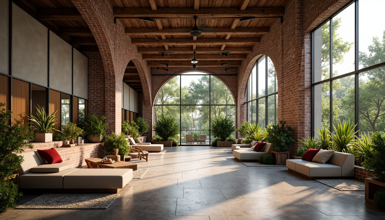 Prompt: Exposed brick walls, reclaimed wood accents, industrial metal beams, organic curved lines, earthy color palette, natural stone flooring, lush greenery, living walls, modern minimalist decor, cozy reading nooks, floor-to-ceiling windows, soft warm lighting, shallow depth of field, 3/4 composition, panoramic view, realistic textures, ambient occlusion.