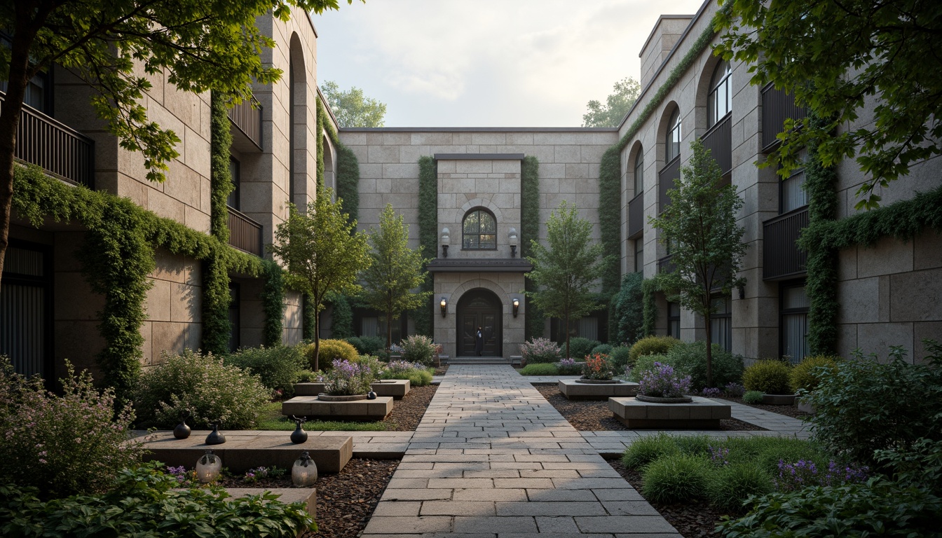 Prompt: Mysterious middle school courtyard, Gothic-style stone buildings, ivy-covered walls, grand entrance archways, ornate metal gates, lush greenery, vibrant flowers, meandering pathways, weathered stone benches, educational signage, mystical lanterns, foggy morning atmosphere, soft warm lighting, shallow depth of field, 3/4 composition, panoramic view, realistic textures, ambient occlusion.