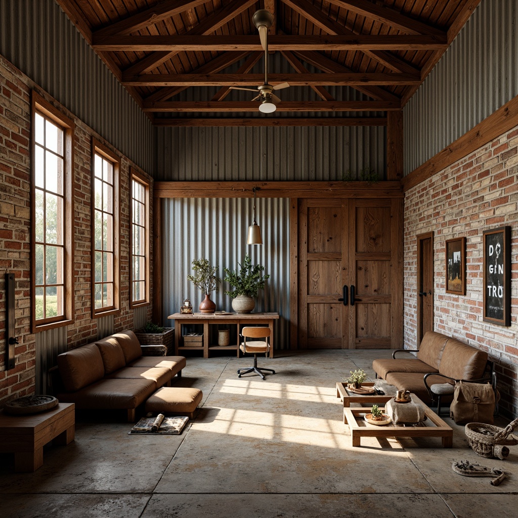 Prompt: Rustic barn, reclaimed wood, metal accents, corrugated steel, wooden beams, exposed brick, natural stone walls, earthy tones, weathered finishes, industrial chic decor, vintage farm tools, distressed textures, warm ambient lighting, soft shadows, 1/1 composition, shallow depth of field, realistic renderings.