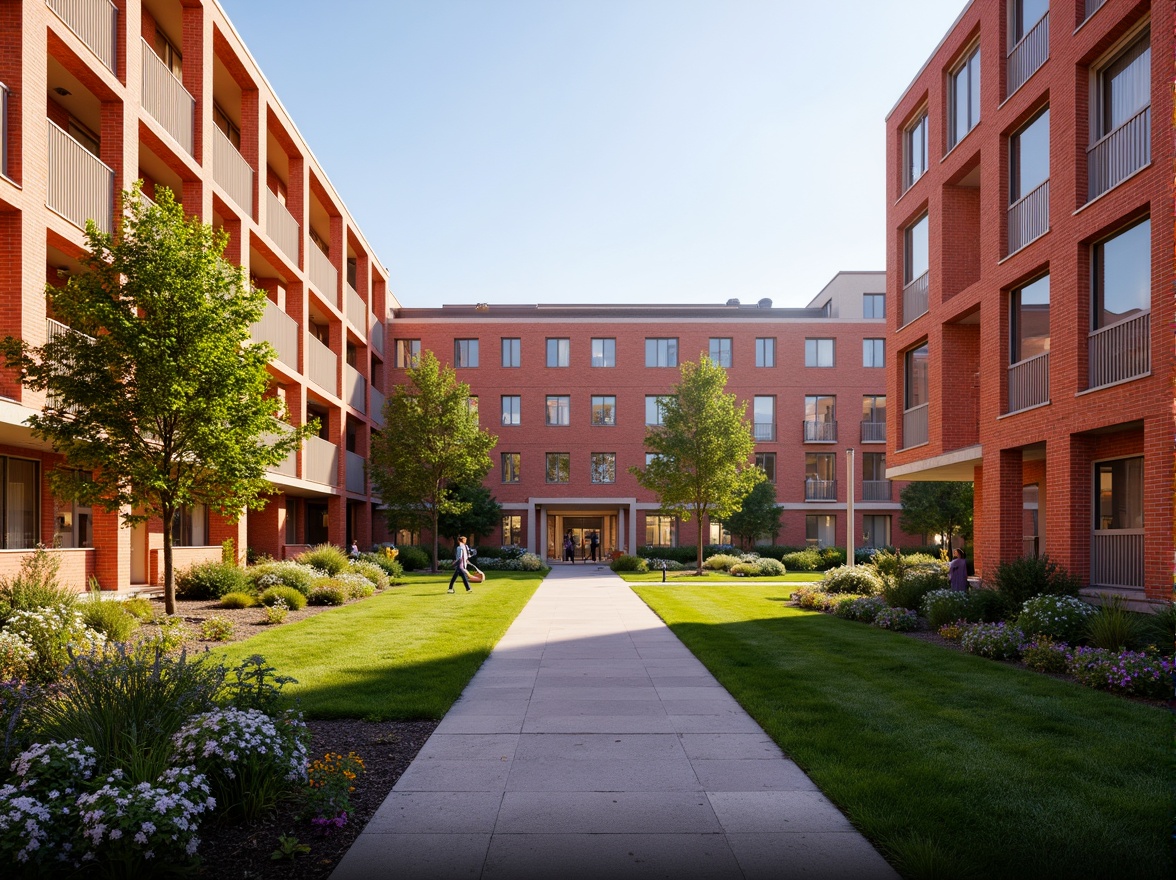 Prompt: Vibrant university campus, harmonious color palette, bold red brick buildings, contrasting white accents, lush green lawns, blooming flowers, natural stone pathways, modern minimalist architecture, sleek glass facades, warm golden lighting, shallow depth of field, 3/4 composition, panoramic view, realistic textures, ambient occlusion.