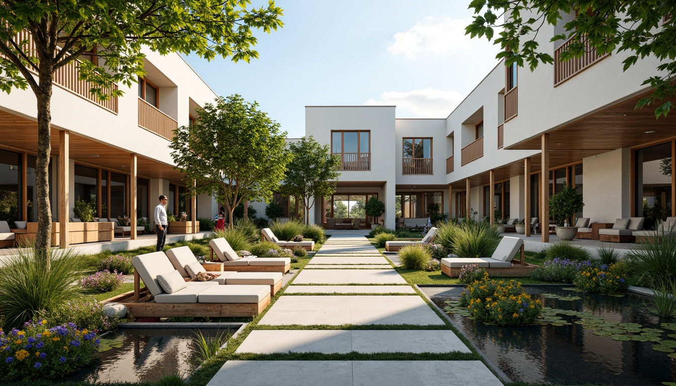 Prompt: Spacious residential courtyard, lush greenery, vibrant flowers, natural stone pathways, wooden benches, modern minimalist architecture, large windows, sliding glass doors, open-plan living areas, high ceilings, airy atmosphere, soft warm lighting, shallow depth of field, 3/4 composition, panoramic view, realistic textures, ambient occlusion, cozy reading nooks, built-in shelving units, comfortable outdoor seating, decorative planters, water features, small ponds, tranquil ambiance.