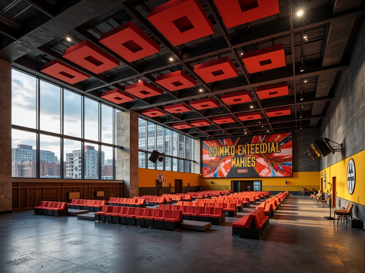 Prompt: Vibrant auditorium, bold primary colors, geometric shapes, industrial materials, exposed ductwork, metal beams, concrete floors, minimalist seating, functional lighting, dramatic spotlights, rich wood accents, bold typography, abstract artwork, urban cityscape, cloudy day, high contrast lighting, shallow depth of field, 2/3 composition, cinematic view, realistic textures, ambient occlusion.