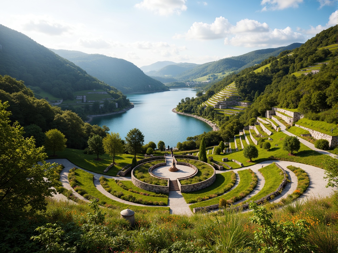 Prompt: Rolling hills, lush greenery, serene lake views, amphitheater structures, tiered seating, natural stone walls, wooden benches, scenic overlooks, walking trails, meandering streams, rustic bridges, vibrant wildflowers, sunny day, soft warm lighting, shallow depth of field, 3/4 composition, panoramic view, realistic textures, ambient occlusion.