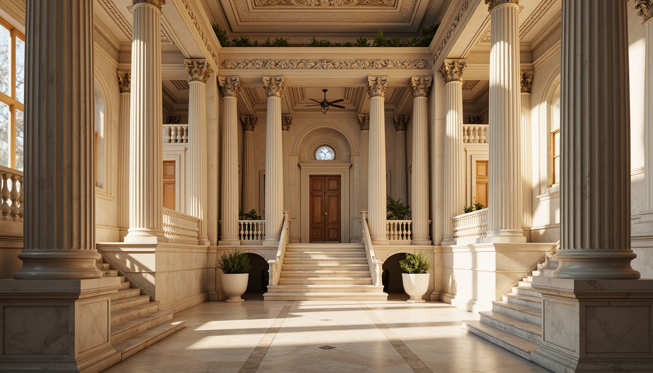 Prompt: Grandiose neoclassical building, symmetrical facade, ornate columns, intricately carved details, majestic entrance, sweeping staircases, elegant archways, refined moldings, subtle color palette, creamy marble floors, polished bronze fixtures, stately proportions, perfect bilateral symmetry, central axis composition, harmonious balance, soft natural light, warm golden hour, shallow depth of field, 1/1 composition, realistic textures, ambient occlusion.