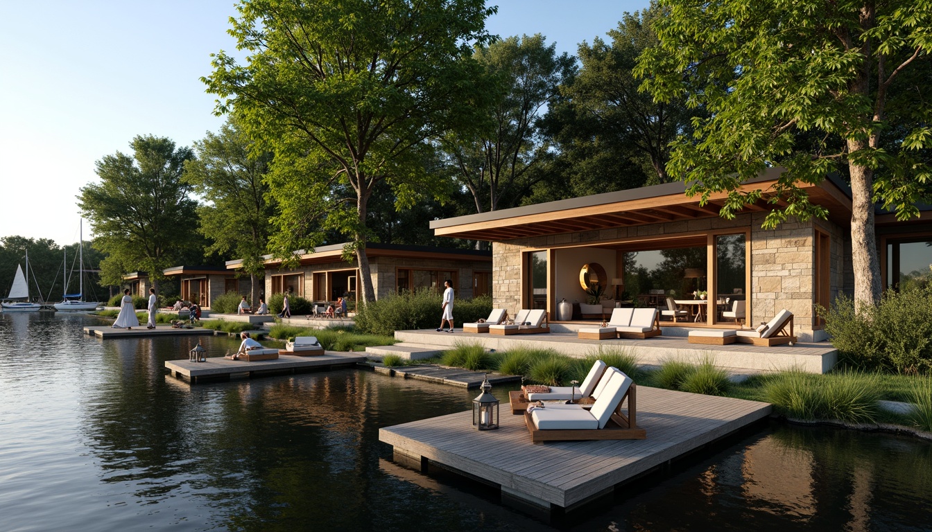 Prompt: Scenic lakefront, serene water reflections, lush greenery, wooden docks, sailboats, modern lakehouse architecture, large windows, sliding glass doors, natural stone walls, rustic wood accents, cozy outdoor seating areas, warm string lighting, shallow depth of field, 3/4 composition, panoramic view, realistic textures, ambient occlusion.