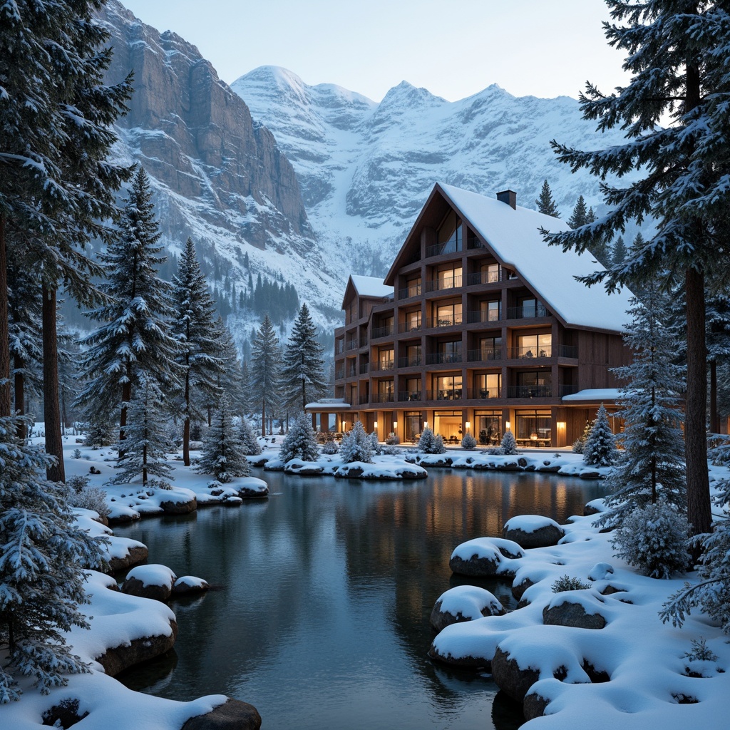 Prompt: Snow-capped mountains, frosty pine trees, icy lakes, rugged stone cliffs, medieval-inspired ski lodges, pointed arches, ribbed vaults, flying buttresses, grand halls, ornate chandeliers, wooden accents, rustic fireplaces, cozy nooks, stained glass windows, intricate carvings, mystical ambiance, warm golden lighting, misty atmosphere, shallow depth of field, 1/2 composition, dramatic shadows, realistic textures, ambient occlusion.