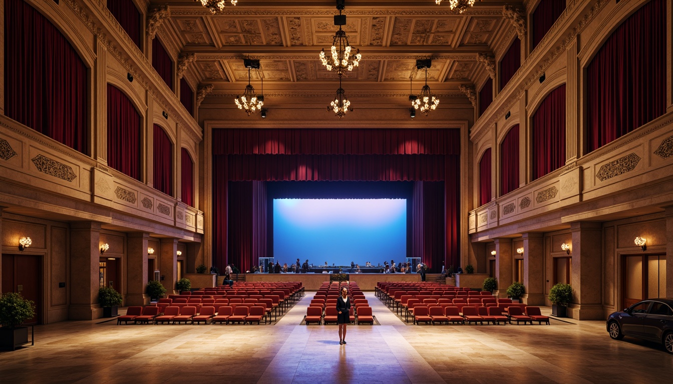 Prompt: Grand auditorium, ornate facade, intricate stone carvings, sweeping arches, grand entrance, polished marble floors, luxurious velvet curtains, golden accents, dramatic spotlights, tiered seating, acoustic panels, soundproofing materials, minimalist decor, modern LED lighting, dynamic color changing effects, 3/4 composition, shallow depth of field, realistic textures, ambient occlusion.