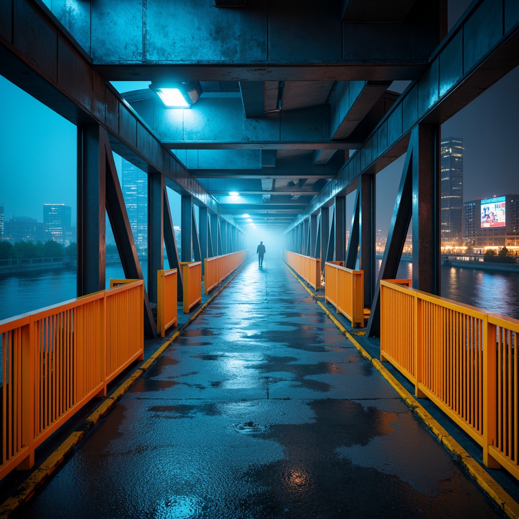 Prompt: Modern urban bridge, sleek metal structure, bold industrial colors, dark grey steel beams, bright orange accents, vibrant yellow safety rails, cool blue LED lighting, misty atmospheric effects, shallow depth of field, 1/1 composition, realistic metallic textures, ambient occlusion.