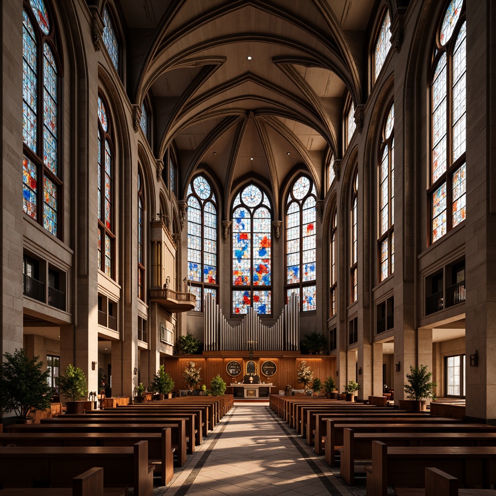 Prompt: Intricate stained glass windows, symmetrical arches, ornate vaulted ceilings, grandiose pipe organs, minimalist pews, sacred altars, geometric patterns, constructivist architecture, brutalist concrete structures, abstract sculptures, vibrant colorful mosaics, dramatic lighting effects, high contrast shadows, 1/1 composition, low-angle shot, warm golden hour lighting, realistic textures, ambient occlusion.