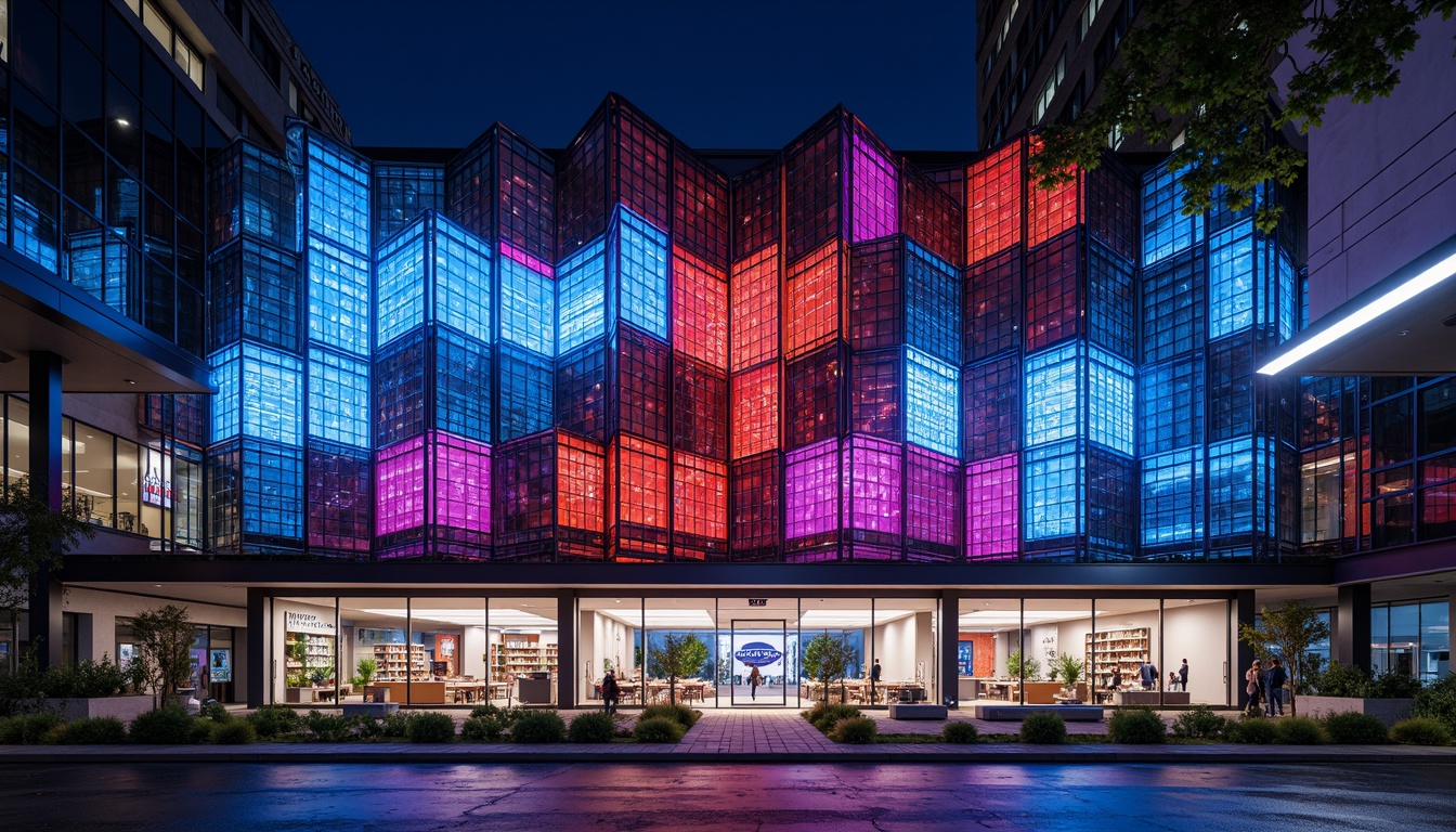 Prompt: Vibrant laboratory building, futuristic facade design, neon-lit signage, metallic mesh cladding, angular geometric shapes, cantilevered structures, LED light installations, experimental architecture, modern materials, glass curtain walls, steel beams, exposed ductwork, industrial chic aesthetic, high-contrast color scheme, dramatic shadows, 1/1 composition, low-angle shot, cinematic lighting, realistic reflections, ambient occlusion.