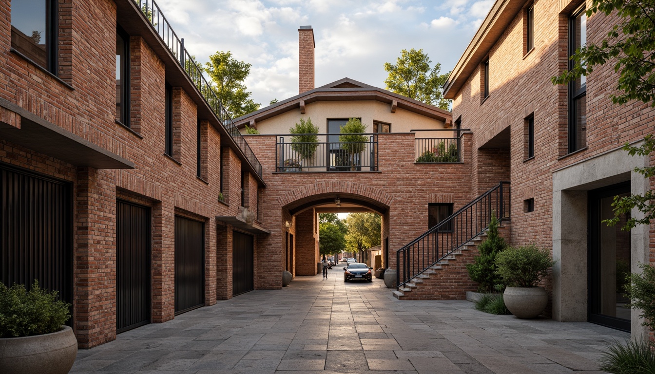 Prompt: Rustic brick buildings, modern masonry techniques, textured stone walls, ornate archways, grand entrance gates, intricate stonework patterns, earthy color palette, natural materials, sustainable architecture, eco-friendly design, green roofs, living walls, urban landscape, cityscape views, dramatic lighting effects, high-contrast shadows, 1/2 composition, symmetrical framing, warm golden hour lighting, realistic textures, ambient occlusion.