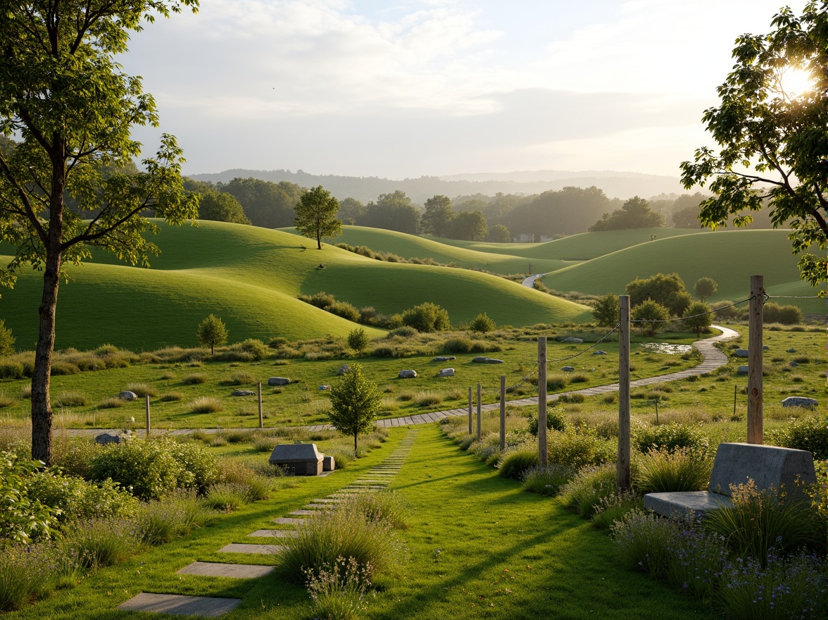 Prompt: Rolling hills, lush green grass, wildflowers, meandering pathways, rustic wooden fences, natural stone benches, serene atmosphere, warm sunlight, soft breeze, shallow depth of field, 3/4 composition, panoramic view, realistic textures, ambient occlusion, gentle slopes, scattered trees, native plant species, eco-friendly maintenance, sustainable irrigation systems, minimalist design, organic shapes, earthy color palette.