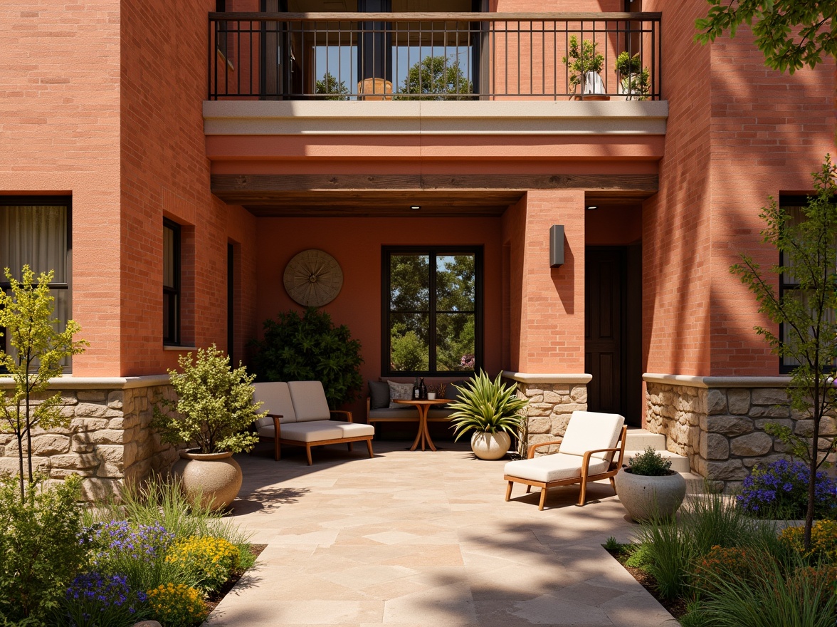 Prompt: Warm fire brick walls, earthy terracotta tones, rich sienna reds, deep burnt oranges, soft golden yellows, creamy whites, natural stone textures, rustic wooden accents, lush greenery, vibrant flowers, sunny day, soft warm lighting, shallow depth of field, 3/4 composition, panoramic view, realistic textures, ambient occlusion.