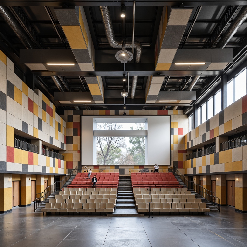 Prompt: Geometric auditorium, minimalist seating, industrial lighting fixtures, exposed ductwork, polished concrete floors, steel beams, functionalist architecture, rectangular shapes, primary color accents, bold typography, cantilevered balconies, asymmetrical compositions, natural light pouring in, high ceilings, open floor plans, modernist design elements, brutalist textures, abstract artwork, educational settings, collaborative learning spaces, flexible seating arrangements, moveable partitions, acoustic panels, sound-absorbing materials.