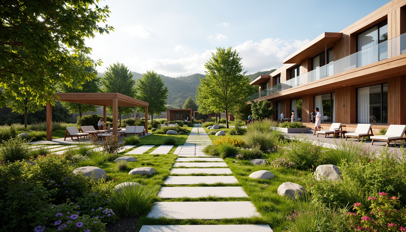 Prompt: Vibrant garden, lush greenery, blooming flowers, meandering pathways, wooden benches, natural stone walls, modern outdoor furniture, cantilevered roofs, floor-to-ceiling windows, sliding glass doors, warm sunny day, soft diffused lighting, shallow depth of field, 3/4 composition, panoramic view, realistic textures, ambient occlusion.