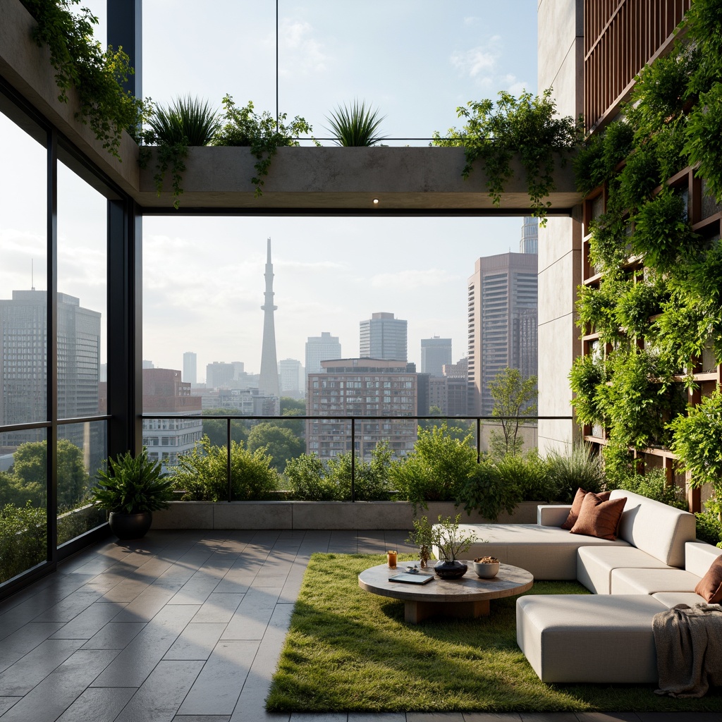 Prompt: Luxurious penthouse, lush green roofs, living walls, vertical gardens, eco-friendly materials, reclaimed wood accents, low-carbon concrete, solar panels, wind turbines, rainwater harvesting systems, grey water reuse, bamboo flooring, recycled glass countertops, energy-efficient appliances, floor-to-ceiling windows, sliding glass doors, panoramic city views, soft natural lighting, 1/1 composition, shallow depth of field, realistic textures, ambient occlusion.